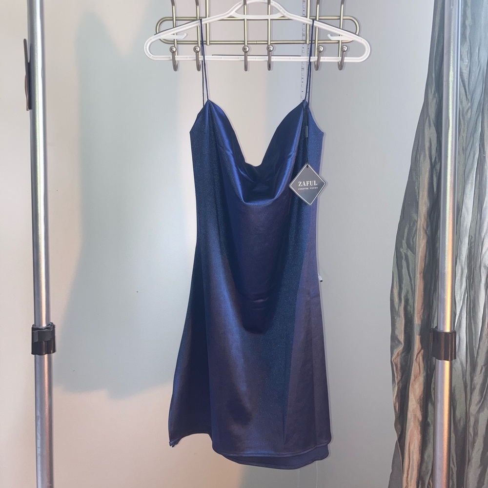 Navy Blue Satin Cowl Neck Body Con Dress